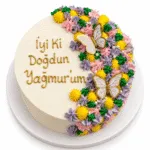 Kelebekli Çiçekli Yazılı Doğum Günü Pastası