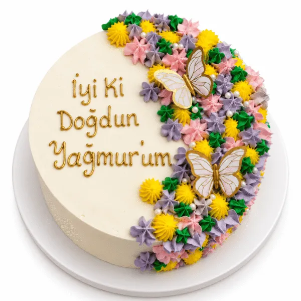Kelebekli Çiçekli Yazılı Doğum Günü Pastası