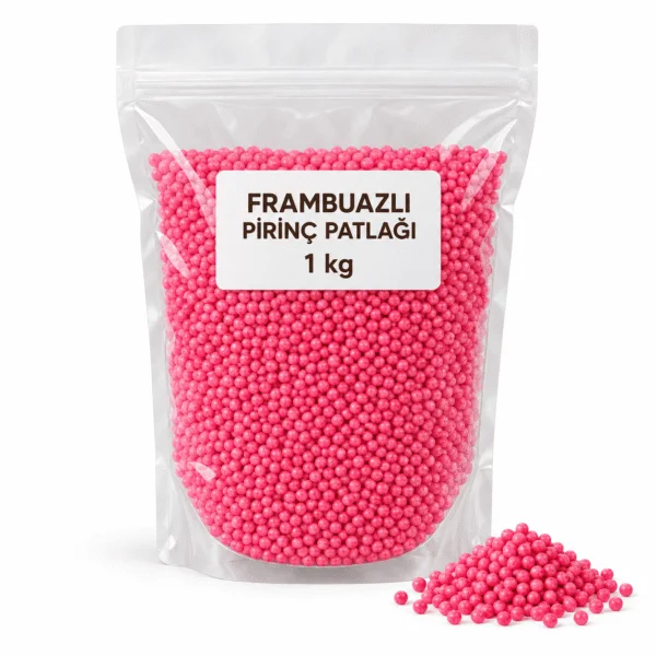 Frambuazlı pembe yuvarlak pirinç patlağı 1 kg şeffaf ambalaj